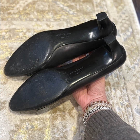 Ferragamo Black Leather Heel Shoes Silver Buckle Logo - Picture 8 of 16